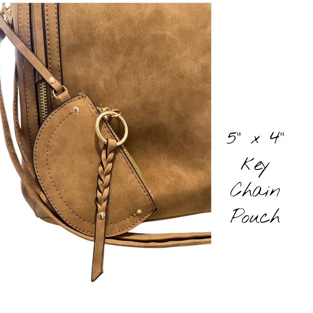 VR NYC Multi-Zip Trim Messenger Handbag Tote Purse Beige Faux Leather Urban Chic
